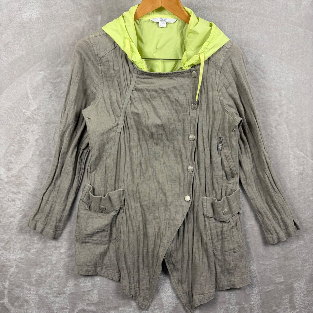 Zowy Jacket Women's Size L Asymmetrical Hem Hooded‎  Roll Tab Sleeve Khaki Lime